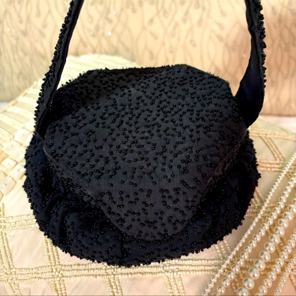 VINTAGE BLACK EVENING BAG ADORNED WITH BEADS AND IS CARRIED IN UNIQUE WAY - Picture 1 of 6